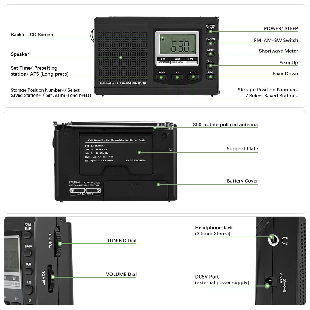 ZORBES Portable Radio for Camping and Travel with LCD Display and 5 Section Antenna | FM MW SW Battery Operated 2xAA