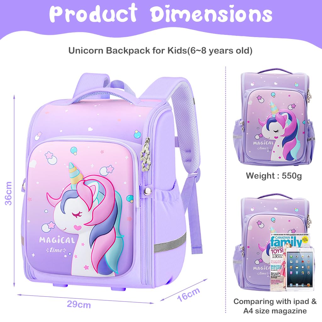 PALAY® School Backpack for Girls Cartoon Unicorn School Backpack for Girls Double Layer Waterproof Primary Students Backpack Burden-relief School Backpack for Girls 6-8 Years Old Birthday Gift