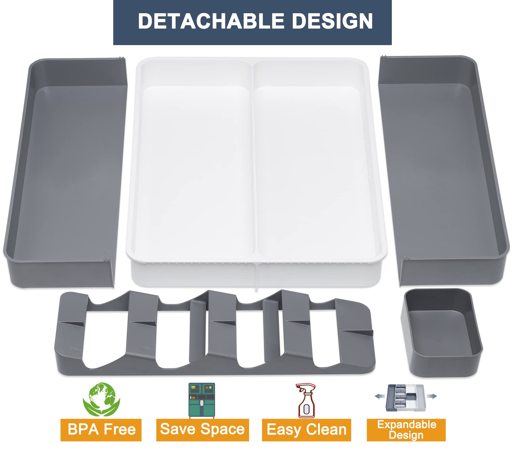ELEPHANTBOAT Utensil Organizer for Kitchen Drawer with Expandable 49 cm Space | PP Plastic Cutlery Tray 39.5 × 28 × 5.5 cm