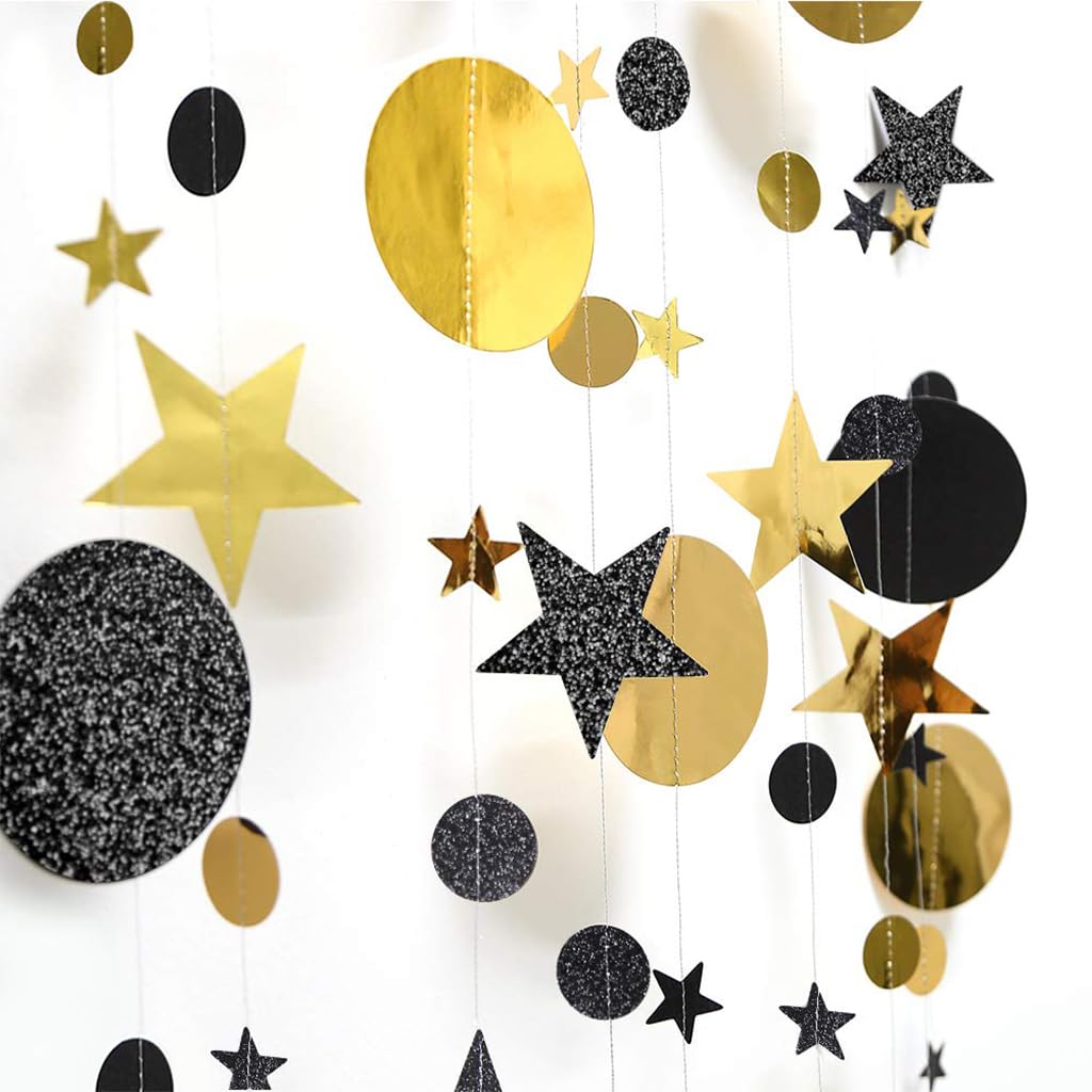 HASTHIP® 3Pcs Black Gold Party Decorations Moon Star Garland Hanging Stars13ft String Decorations Wall Hanging Decorations Room Decoration Party Supplies for Wedding, Festival, Party