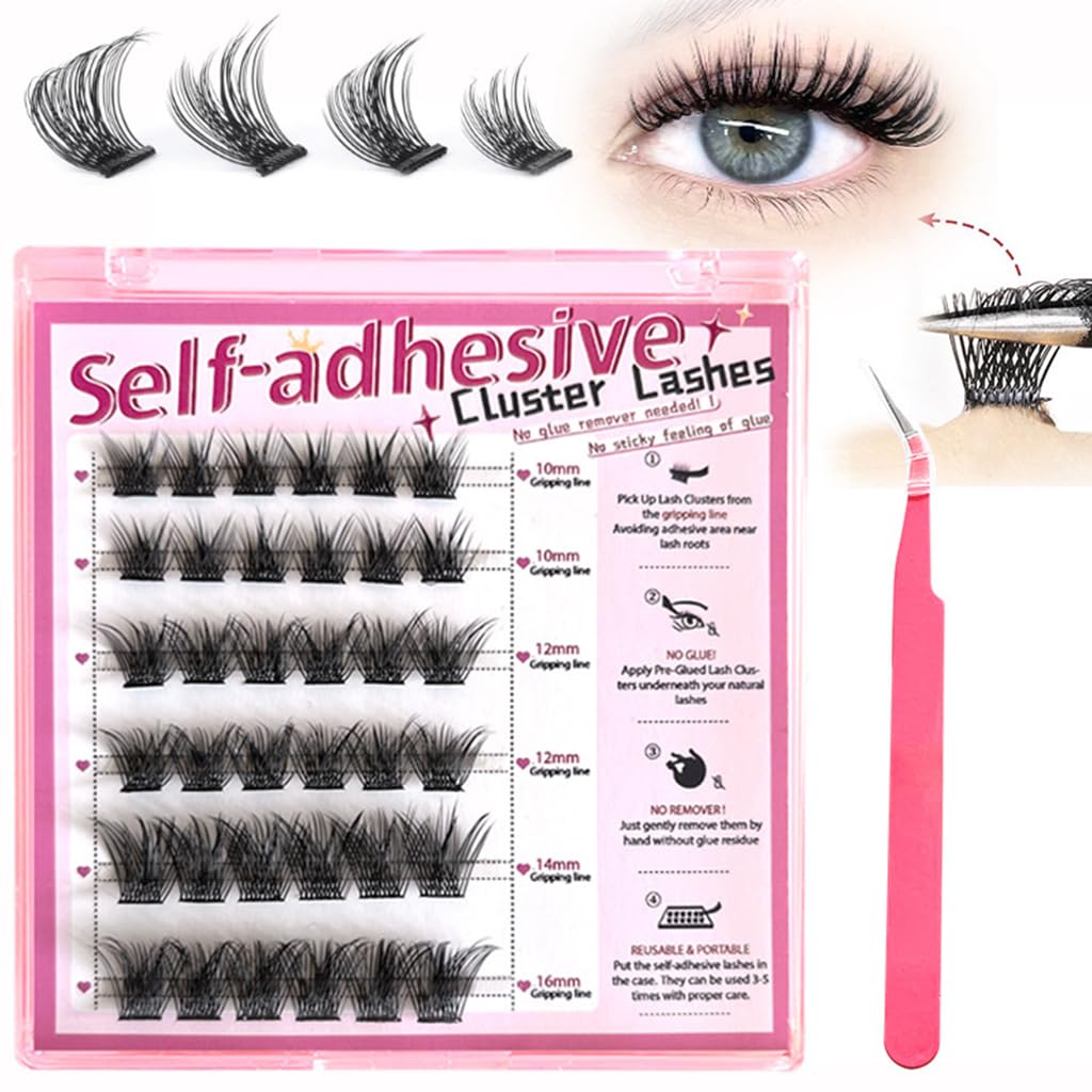 MAYCREATE 36Pcs Eyelash Clusters with Tweezer Self Adhesive Fluffy Eye Lash Clusters Party Look Press & Go Cluster Lashes No Glue Needed DIY Lash Extensions Curl Natural Pre-glued Strip Lashes