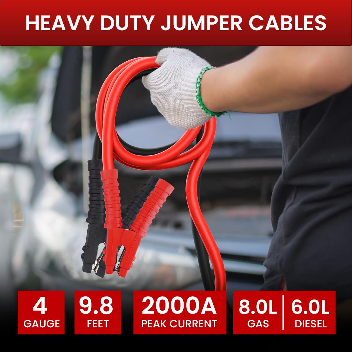 STHIRA Jumper Cables for Car Emergency with 9.8 ft Length and Large Insulated Clips