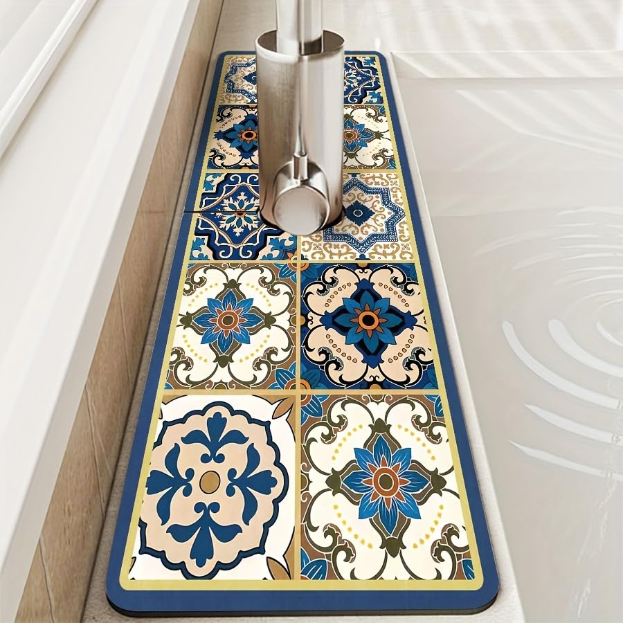 Supvox Kitchen Sink Faucet Pad 14x38cm for Counter Protection with Oval Opening | Quick-Dry Diatom Mud Retro Patchwork Mat