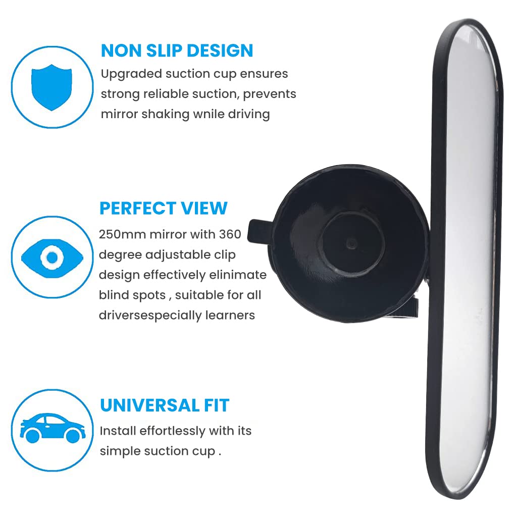 Proberos Car Center Mirror for Driving Test featuring 22x6.5 cm Size and 360° Rotatable Suction Cup | 2 PCS