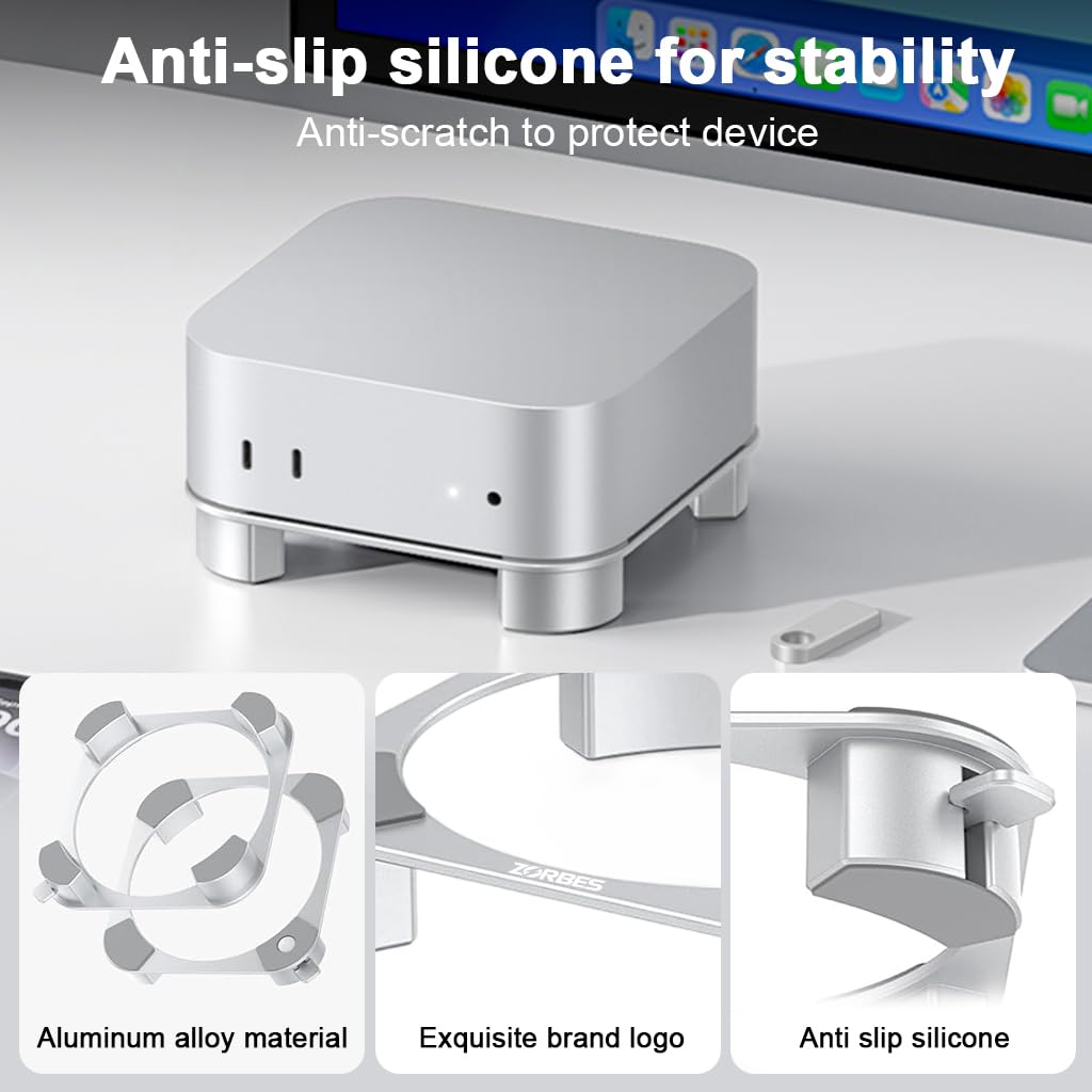 ZORBES Aluminum Stand for Mac mini M4 and M4 Pro featuring Switch Assistance | 14.5x13.4x2.6 cm Cooling Riser with Anti‑Slip Pads
