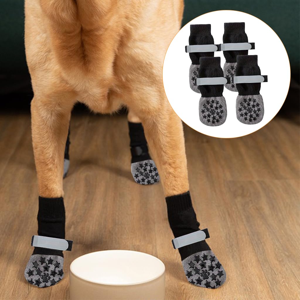 Qpets Dog Socks for Paw Protection with Reflective Adjustable Straps and Non Slip Grip | 4pcs 8cm Width Cotton
