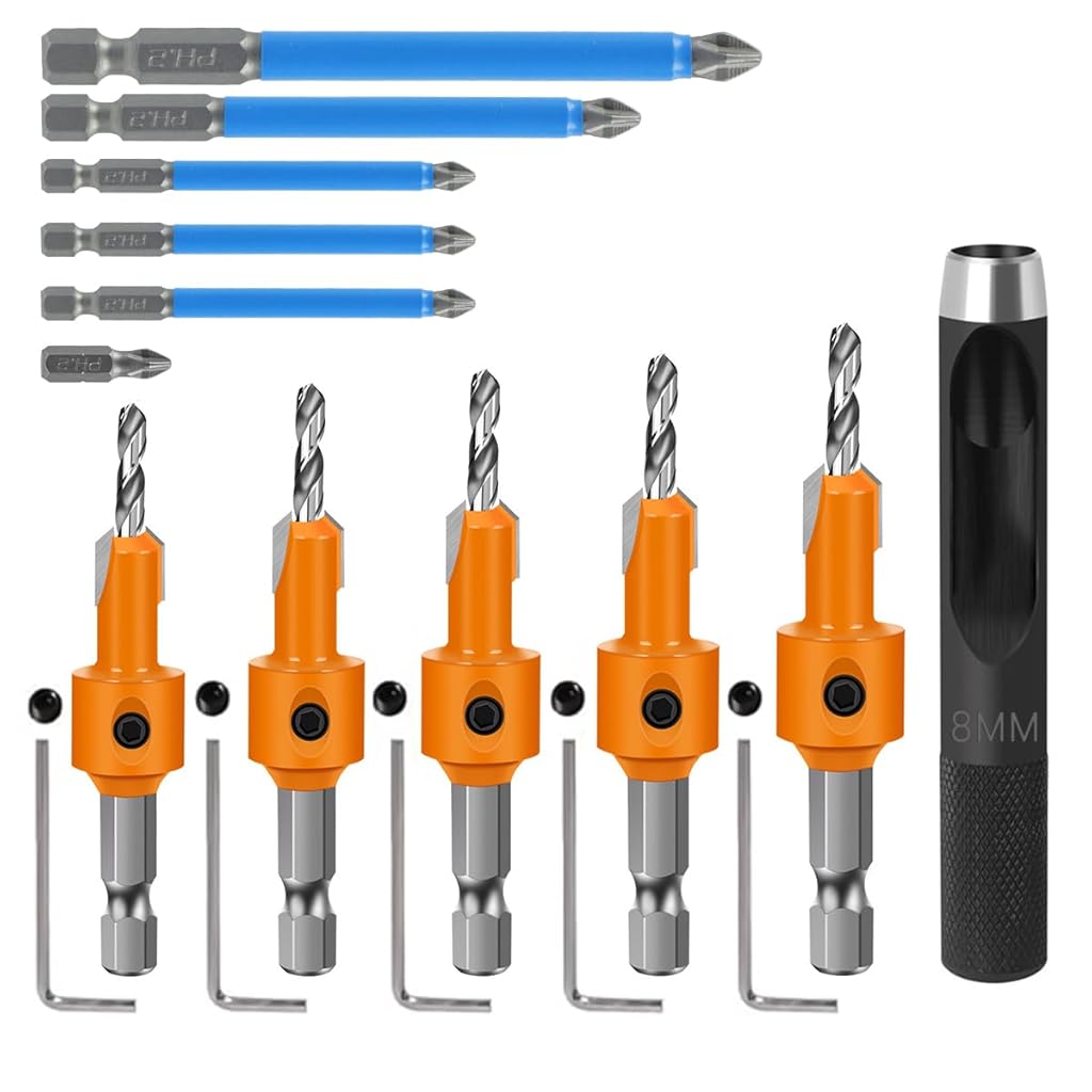 Serplex® 10Pcs Wood Countersink Drill Bit Set, 5Pcs Countersink Drill Bit with 5Pcs Extra Pilot Drill Bit, Tapered Drill Bits with 5/16" Round Shank, Counter Sinker Drill Bit Set for Woodworking