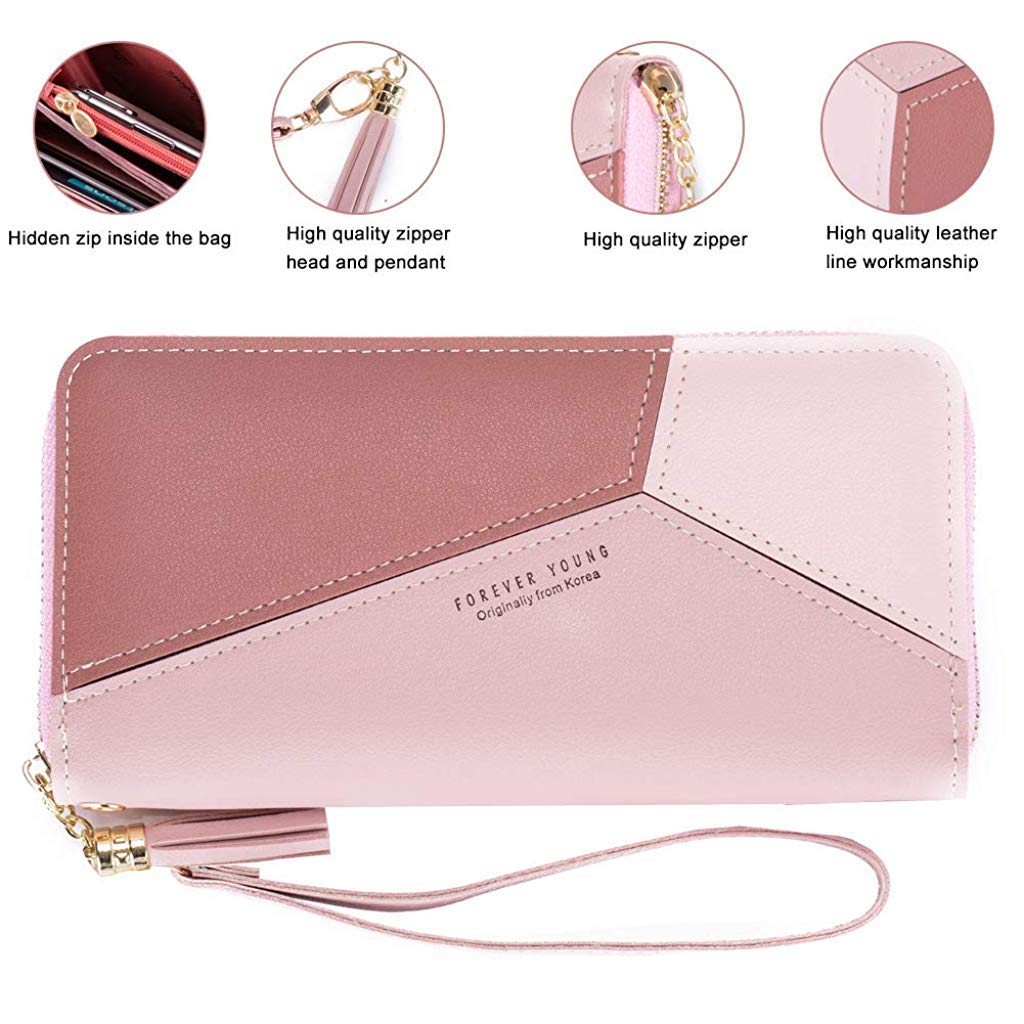 PALAY  Women's Long Wallet Tassel PU Leather Multi- Slots Girls Zipper Coin Large Purse Wallet for Women(Pink)