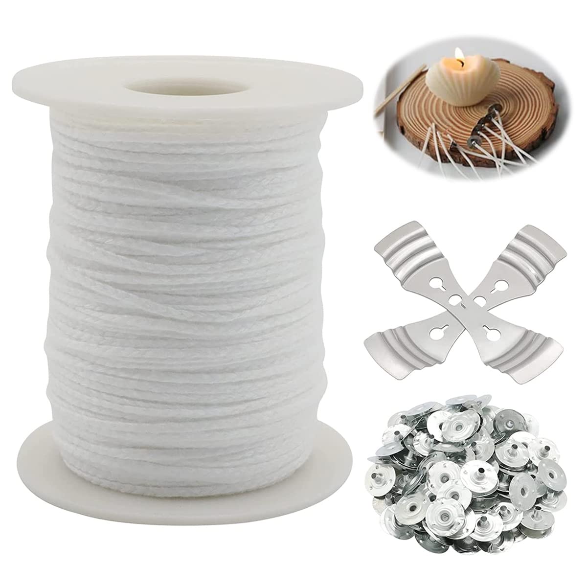 HASTHIP Candle Wick Roll for DIY Candle Making with 200 ft Cotton Rope and 100 Wick Tabs | Includes Wick Holders