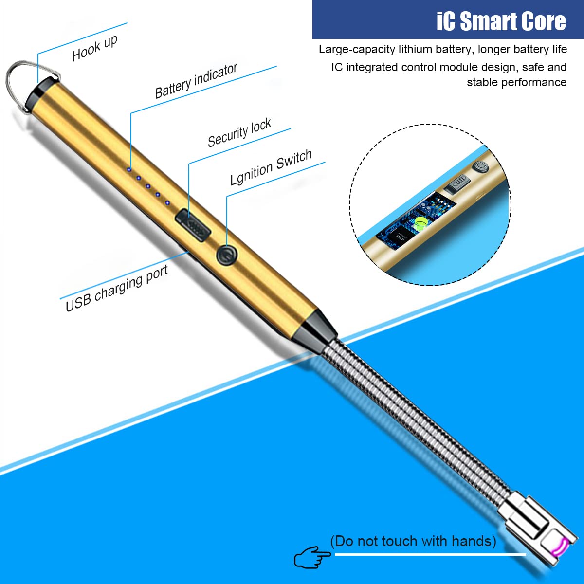 Supvox® USB Rechargeable Electric Gas Lighter for Kitchen, Lighter for Candles, Electric Arc Lighter with Led Battery Indicator, 360° Flexible Neck Flameless Grill Lighters for Camping Bbq (Gold)