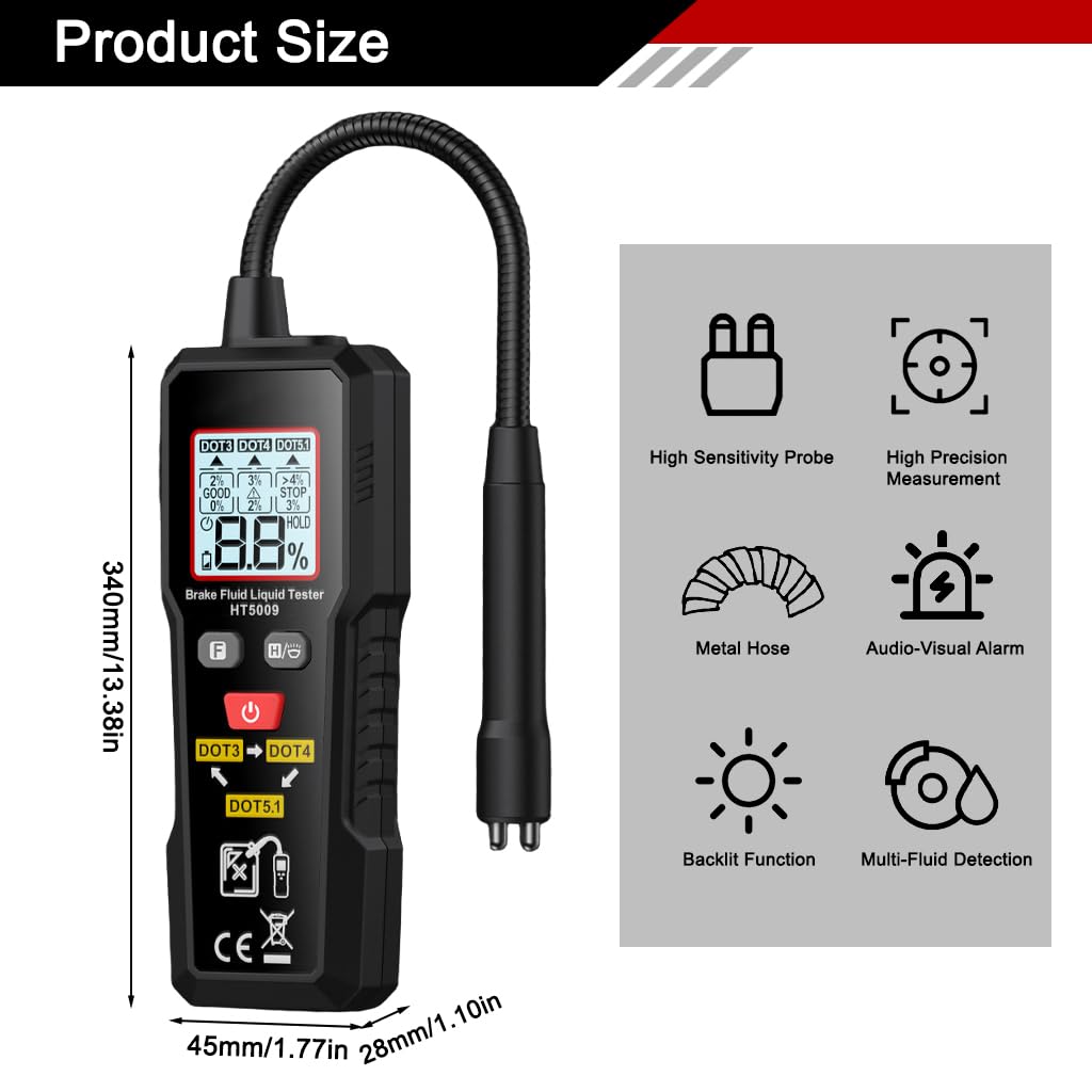 STHIRA Digital Brake Fluid Tester for DOT3 DOT4 DOT5.1 with Flexible Probe & LCD Display