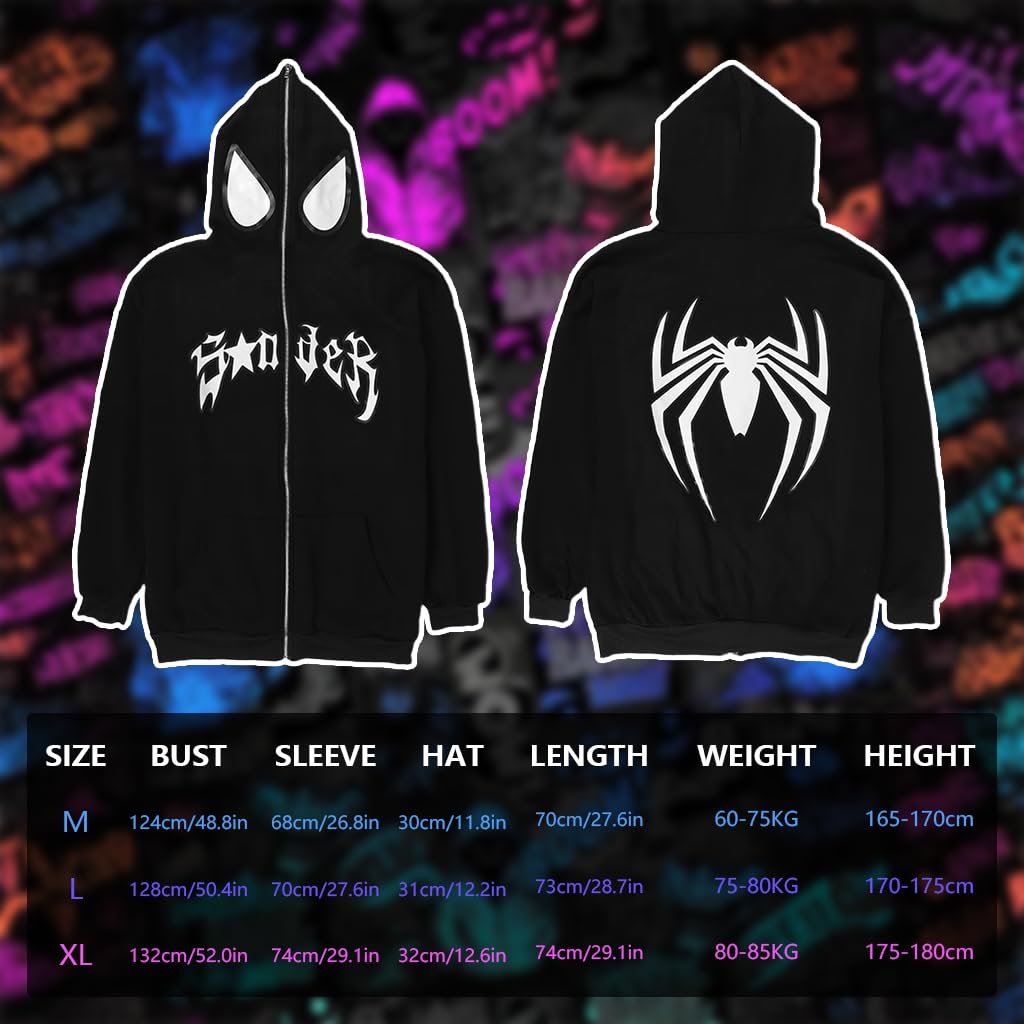GUSTAVE Hoodie for Men and Women featuring Full Zip Face Cover and Bold Spider Print | Black Oversized Y2K Streetwear Jacket