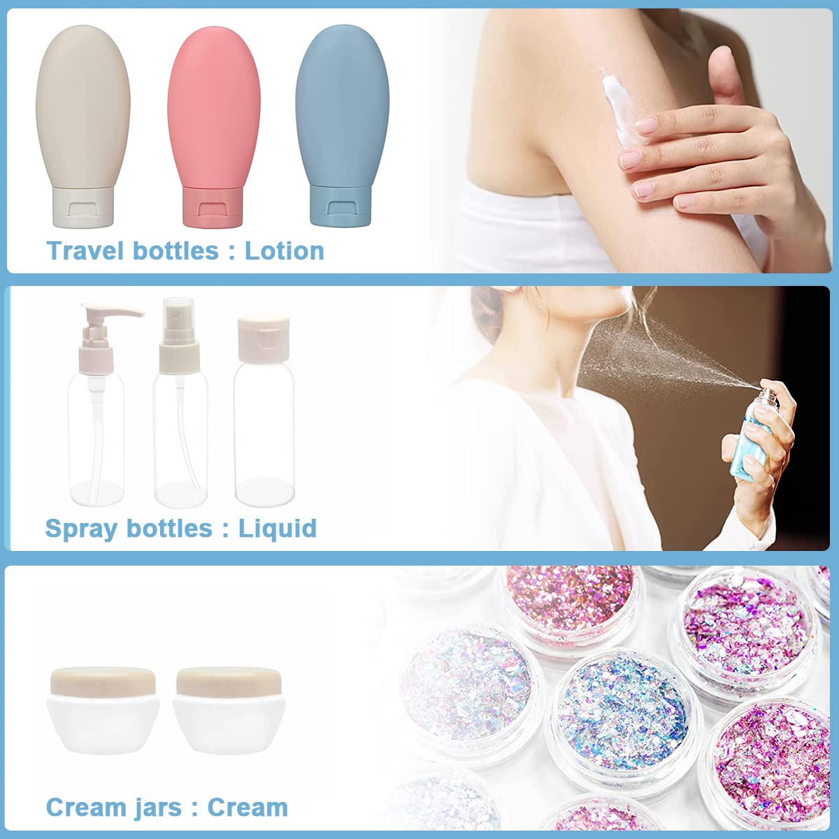 MAYCREATE Travel Bottles Set for Toiletries with 33 pcs Refillable Containers | PET PP PE Leakproof Design