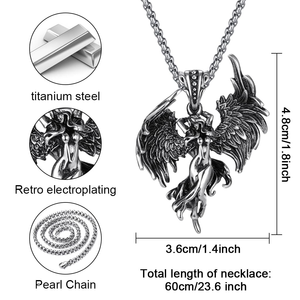 Proberos Guardian Angel Pendant Necklace featuring Winged Dark Angel Design for Men | Titanium Steel Unisex Jewelry