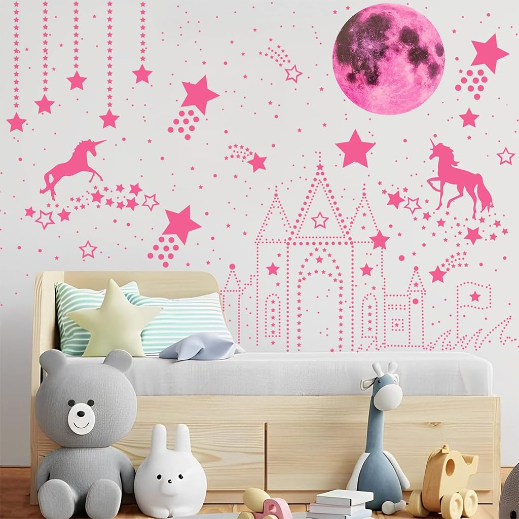 HASTHIP Glow in The Dark Unicorn Wall Decals for Kids Room with 893 Stickers | Luminous Pink Moon and Stars Decor