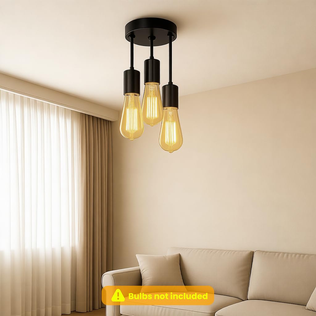 ELEPHANTBOAT Vintage 3-Light Chandelier for Apartment and Bathroom with E27 Bulb Compatibility | Black Iron Ceiling Light Fixture