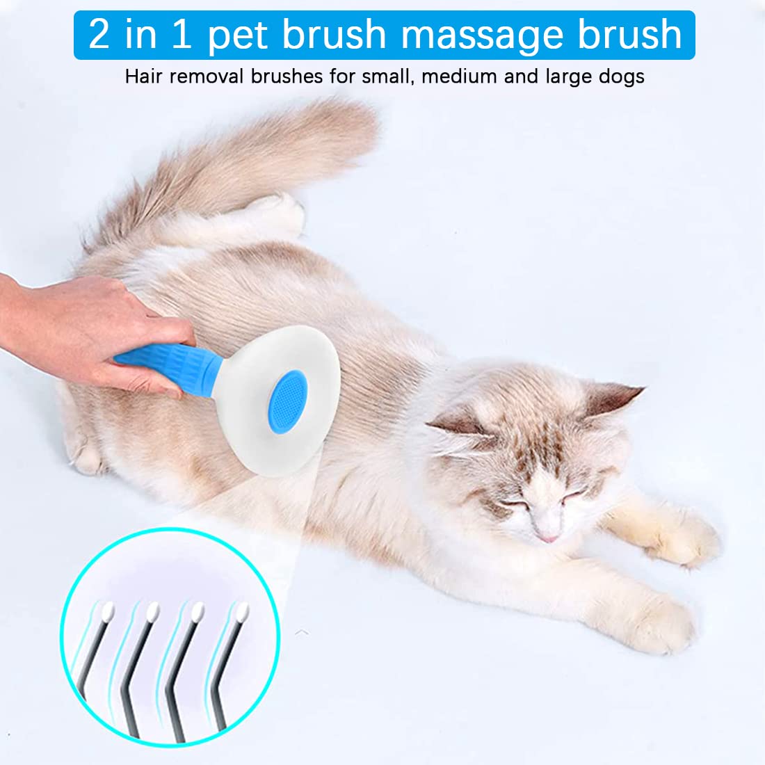ZIBUYU Dog Brush for Hair with 4 in Stainless-Steel Teeth and One-Button Cleaning | Blue
