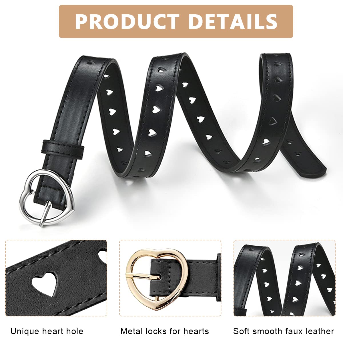 PALAY® Kids Belt for Girls 6-12, 2Pcs Fashion Girls Belt PU Leather Hollow Heart Metal Buckle Belt for Girl Jeans Dress Pants Gift (Black & Brown, Suit for Waist 26-30