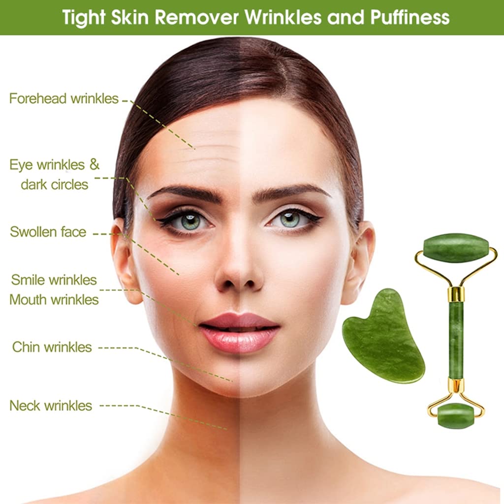 MAYCREATE Jade Roller and Gua Sha Set with Dual Head Roller & V Curve Board for Facial Massage