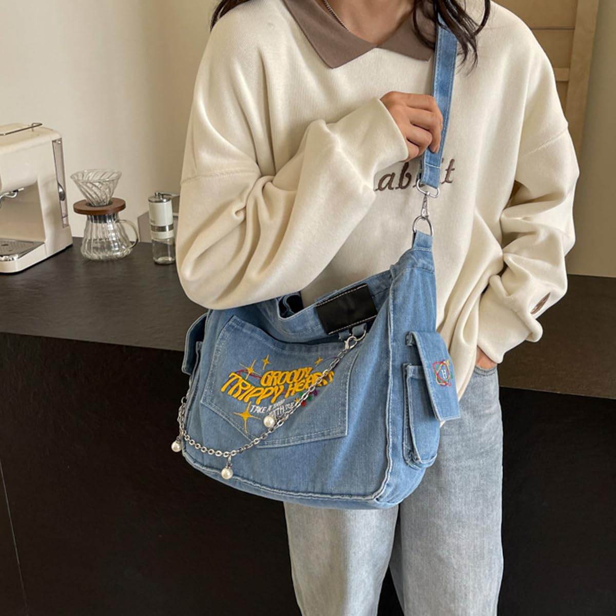 PALAY Cloth Bag for Daily Use with 37x27cm Capacity and Letter Embroidery Denim | Girls Women