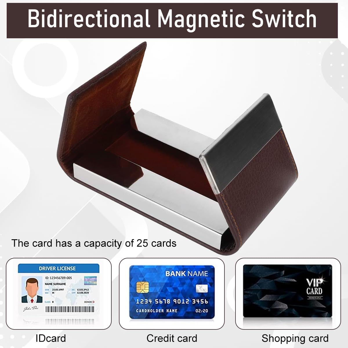 Zibuyu Business Card Holder for Men and Women with Magnetic Snap Closure | Brown PU Leather 25‑Card Capacity