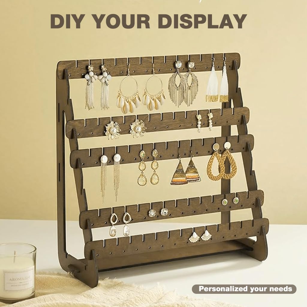 HASTHIP Earrings Organizer for Studs and Hooks with 98 Holes and 91 Slots | Wooden 7 Row Display Stand