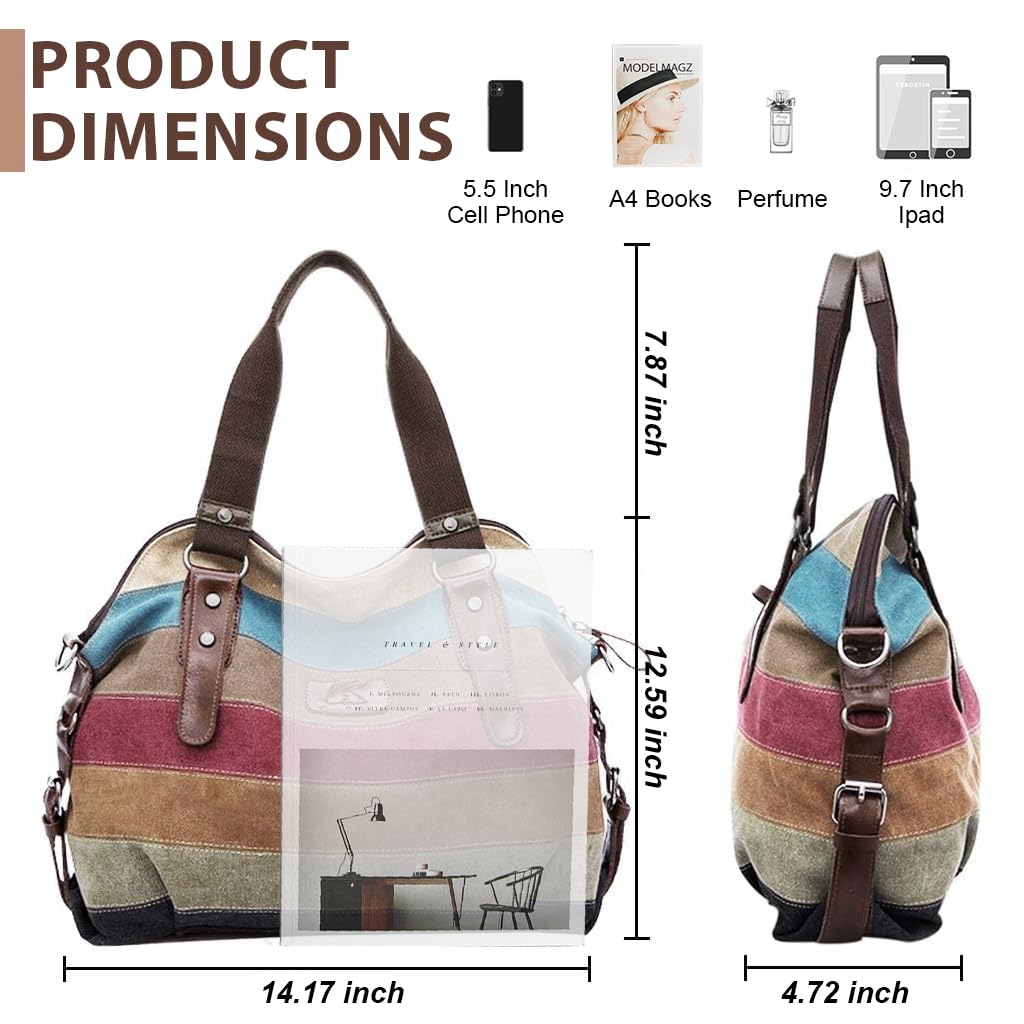 PALAY® Tote Bag Women Large Canvas Tote Bag Shoulder Bag Briefcase Crossbody Bag with Shoulder Belt Fashion Color Stripy Print Tote Bag Casual Tote Bag for Daily, Travel, 36x12x37 cm