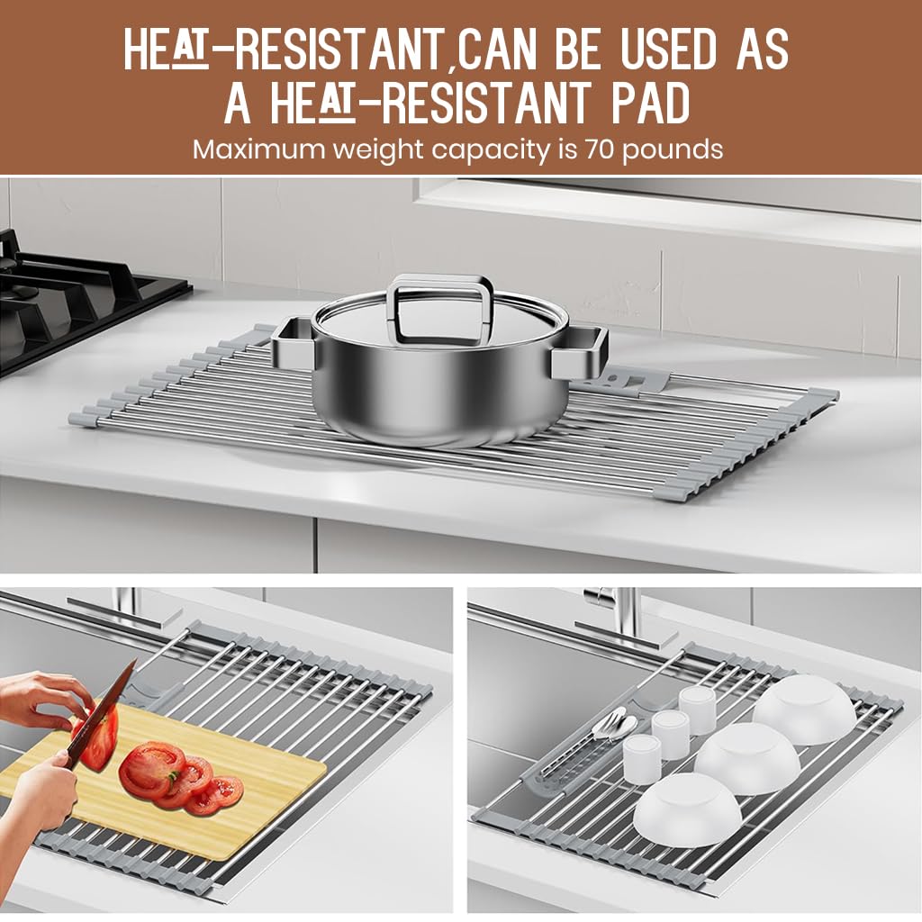 Supvox Utensils Drying Rack for Over Sink Use with Anti Slip Silicone Feet 47x33cm | Stainless Steel Roll Up Design