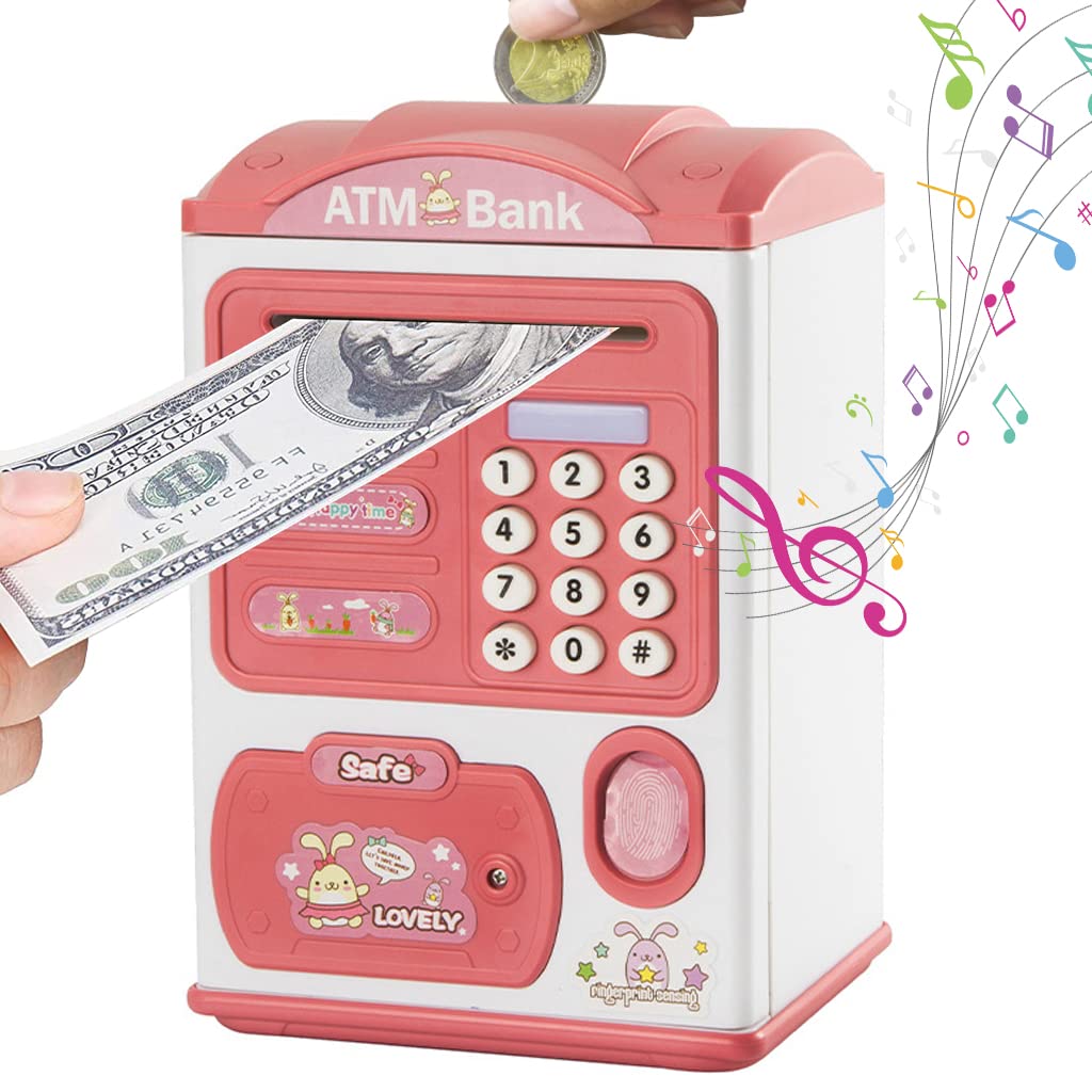 PATPAT Electronic ATM Piggy Bank for Kids with Password and Fingerprint Lock 13.5×11.5×20cm Pink | Fun Money Saving Toy