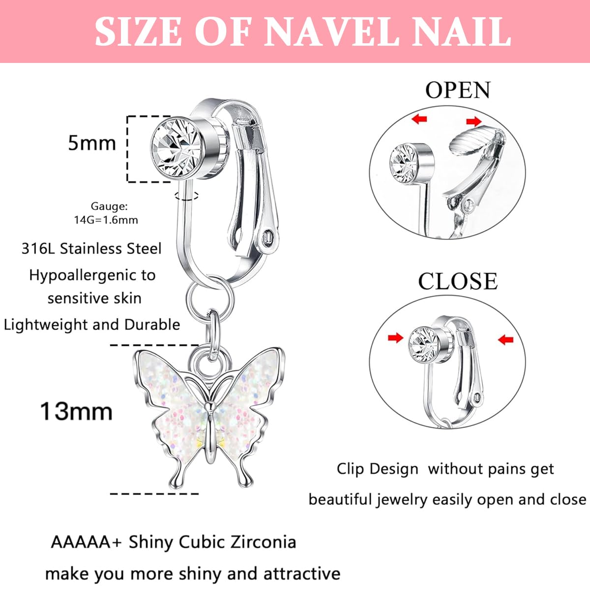 SANNIDHI Fake Belly Button Rings, Clip On Belly Piercing Jewelry, 316L Stainless Steel Heart-shape/Evil Eye Rhinestone Navel Belly Rings for Women Girls - Non Piercing, Silver (Butterfly)