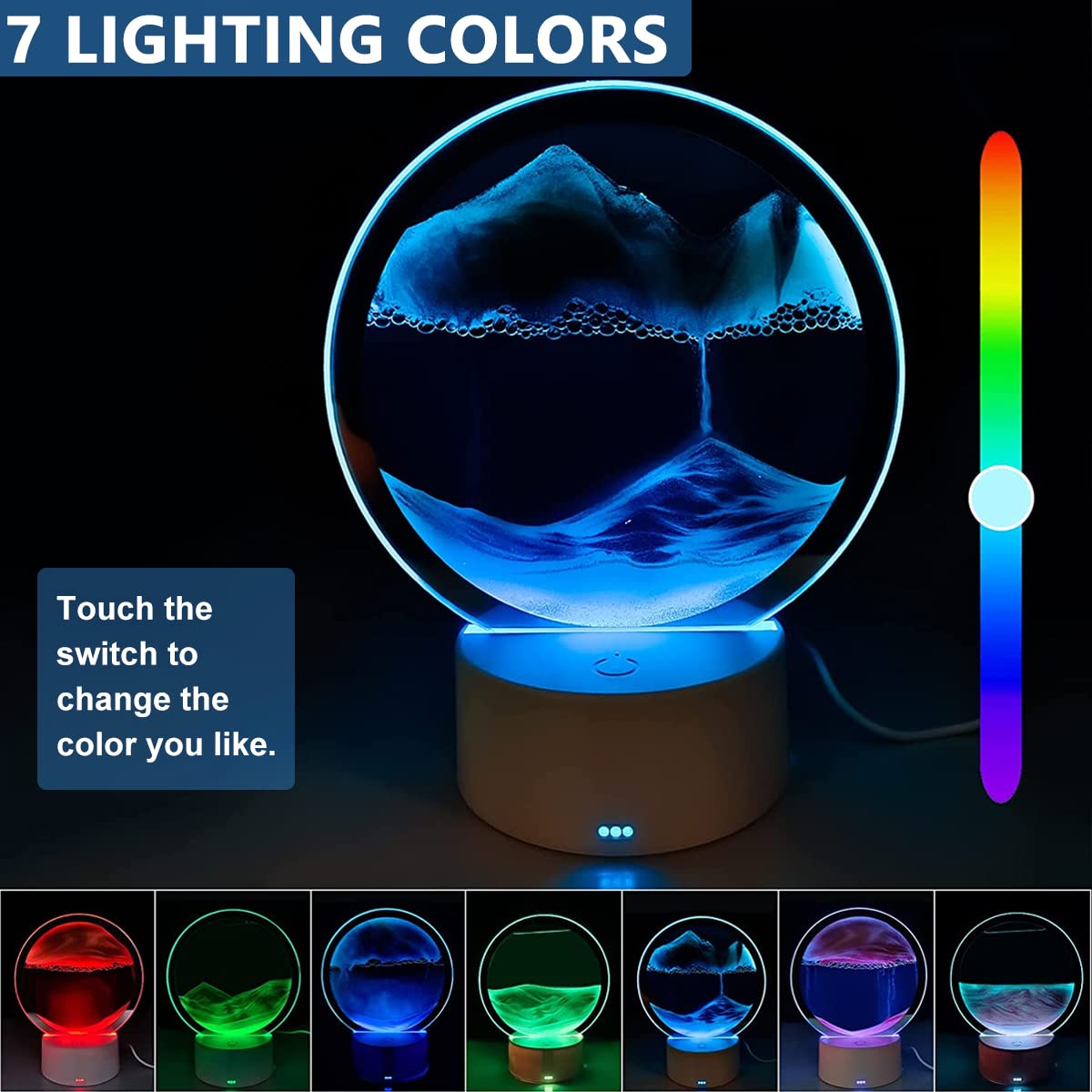 HASTHIP Moving Sand Art Desk Decoration for Relaxing Home Display with LED Light Base | Blue Glass Showpiece for Living Room and Office Decor
