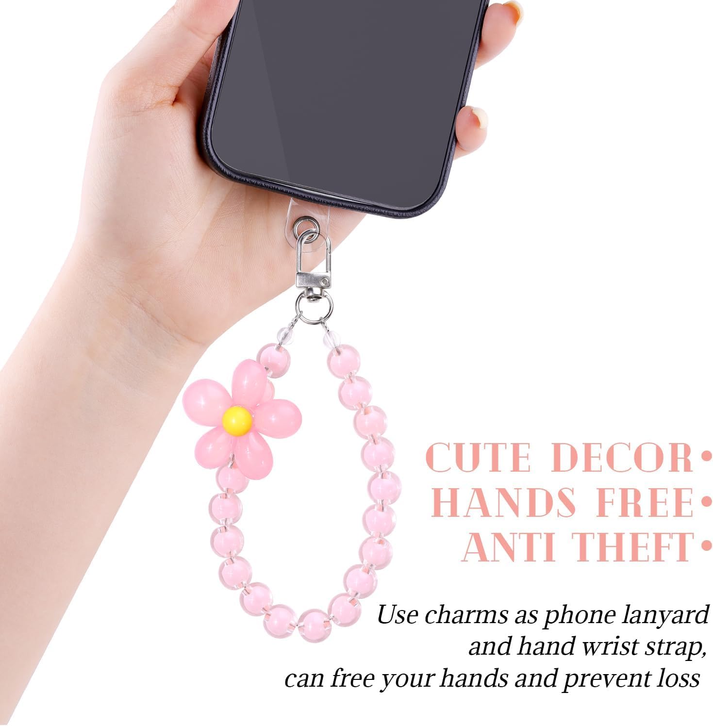Zibuyu Phone Charm for Girls with Flower Beads and Metal Buckle | Pink Acrylic Strap Grip