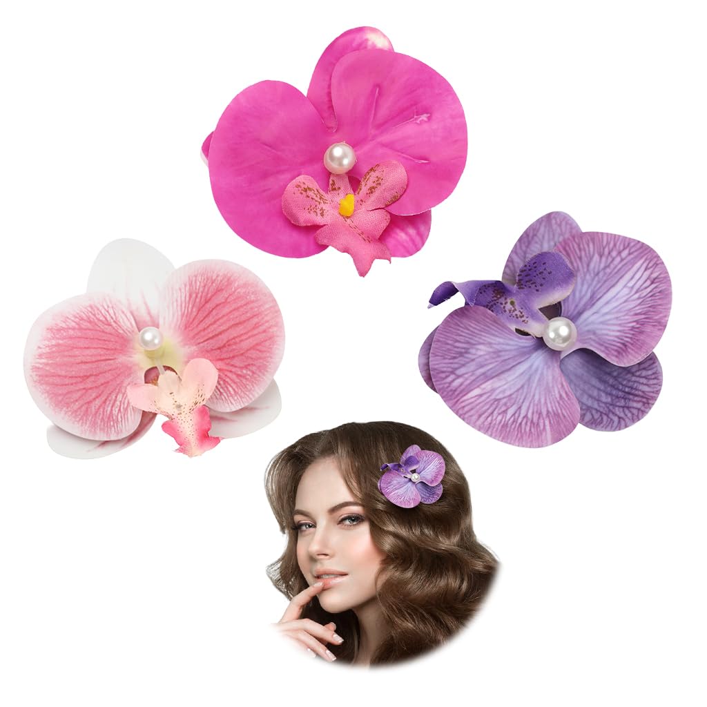 Venzina Flower Hair Clips for Women featuring 3 Pcs Orchid Design with Metal Clasps | Stylish Barrettes for Everyday and Party Hairstyles