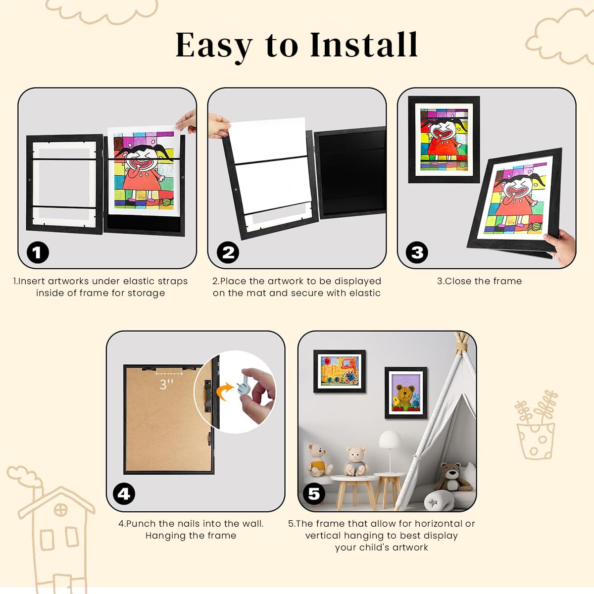 HASTHIP® Kids Artwork Frames Changeable - 8.3x11.8 inches Kids Art Frame Front Opening Holds 50, Display & Change Kids' Paintings, Photos, Certificates with Easy Wall Mount or Desk Stand (Black)