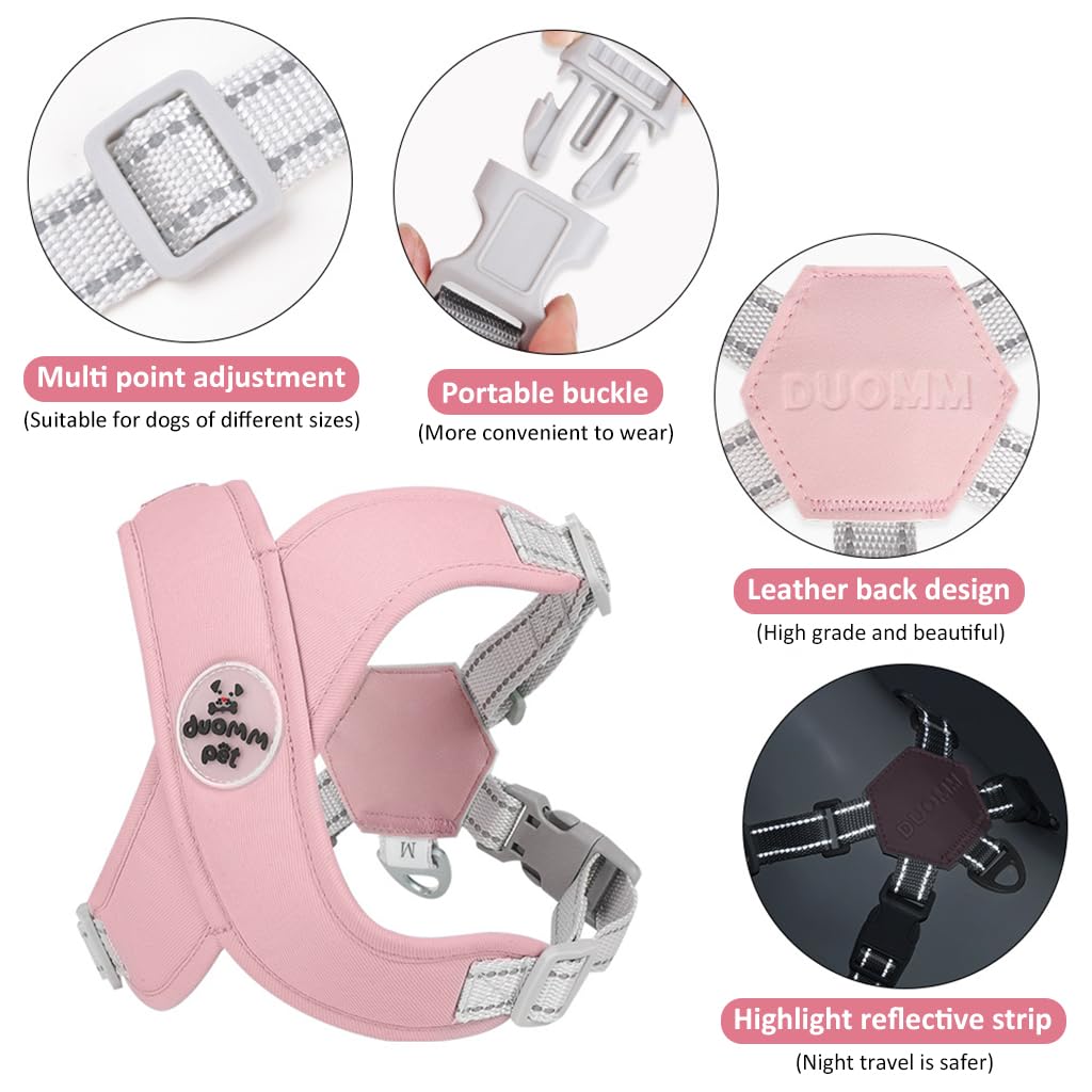 Qpets Dog Harness Leash Set for Small Dogs with 4 Adjustable Straps and Reflective Strap | Pink Nylon Breathable Vest 42–52cm Chest