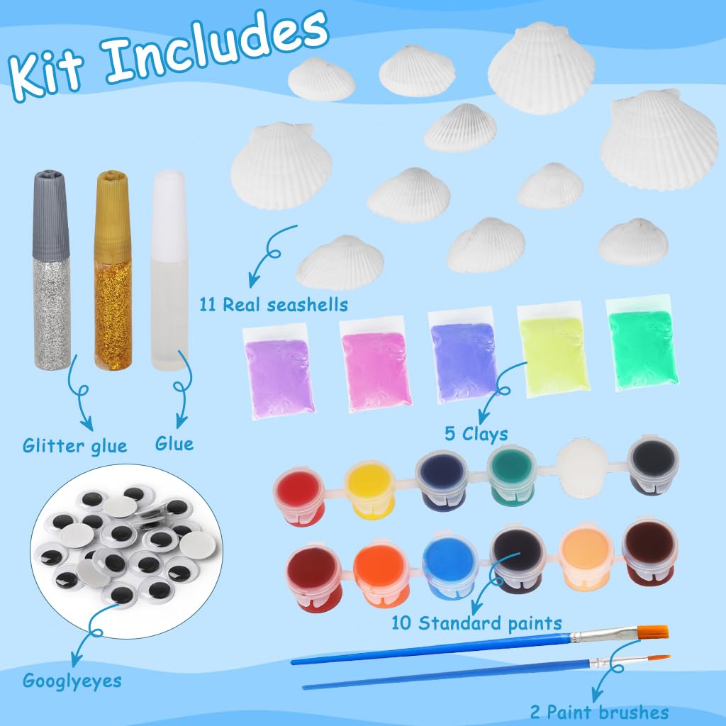PATPAT Kids Sea Shell Painting Kit with 11 Real Shells and 8 Paints for Creative Fun | DIY Art Gift for Boys and Girls