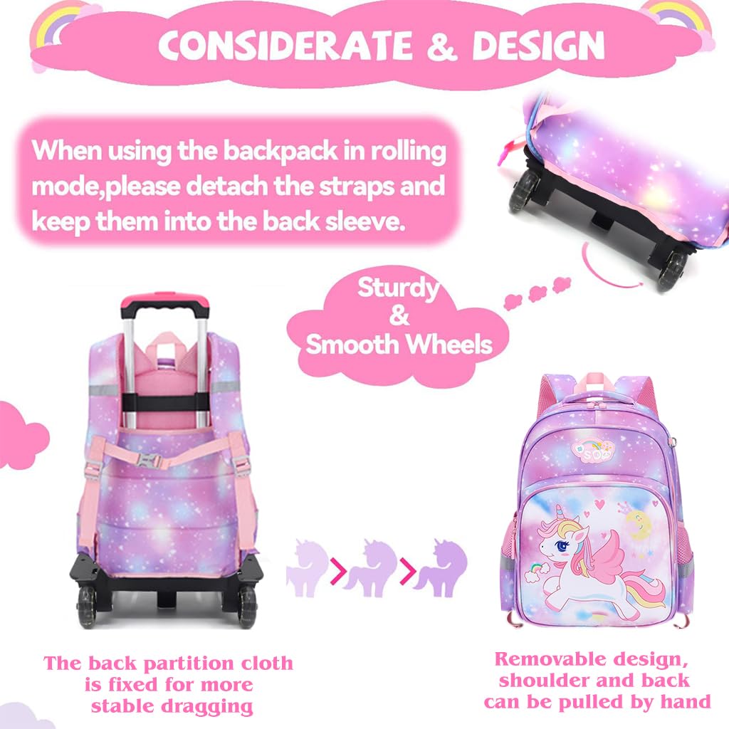 FANCYKU® Unicorn Print School Backpack for Girls Travel Backpack for Girl School Bag on Wheel Detachable Wheel Stand Gift School Bag for Girls