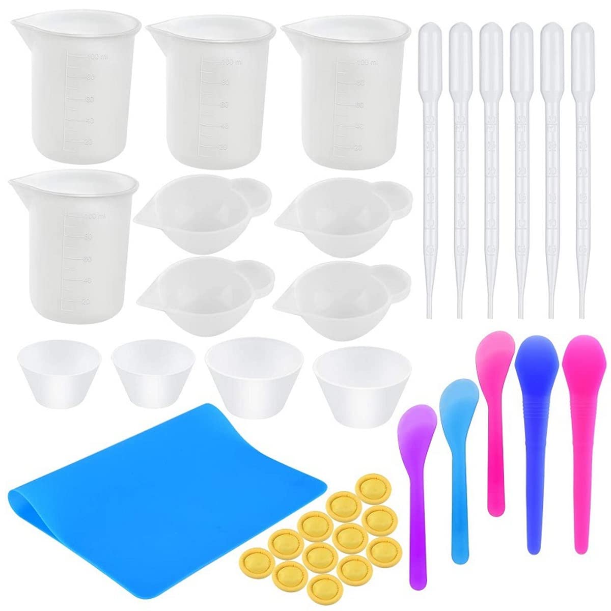 HASTHIP  Silicone Resin Measuring Cups Kit with Mixing Bowl, Stir Sticks, Spoons, Droppers, Finger Cots, Coloring Cups, Silicone Mould Measurement Cups for DIY Resin Craft Jewelry Making(36pcs)