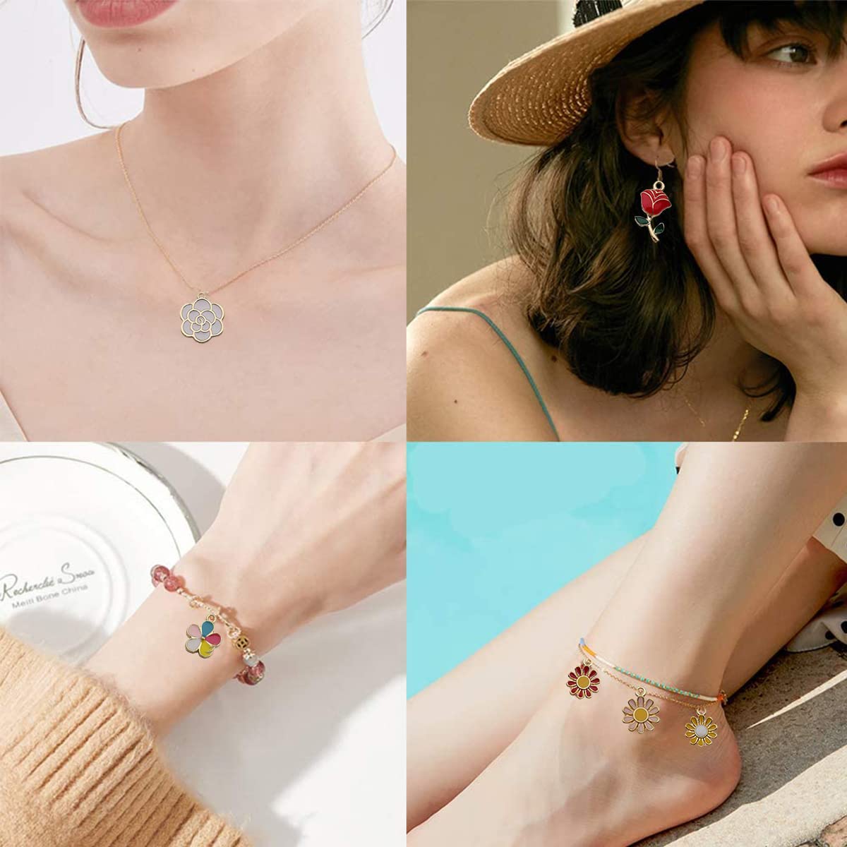 MAYCREATE Assorted Gold Plated Enamel Pendants for DIY Jewelry Making 60pcs | Floral Charms with Hanging Hole Design