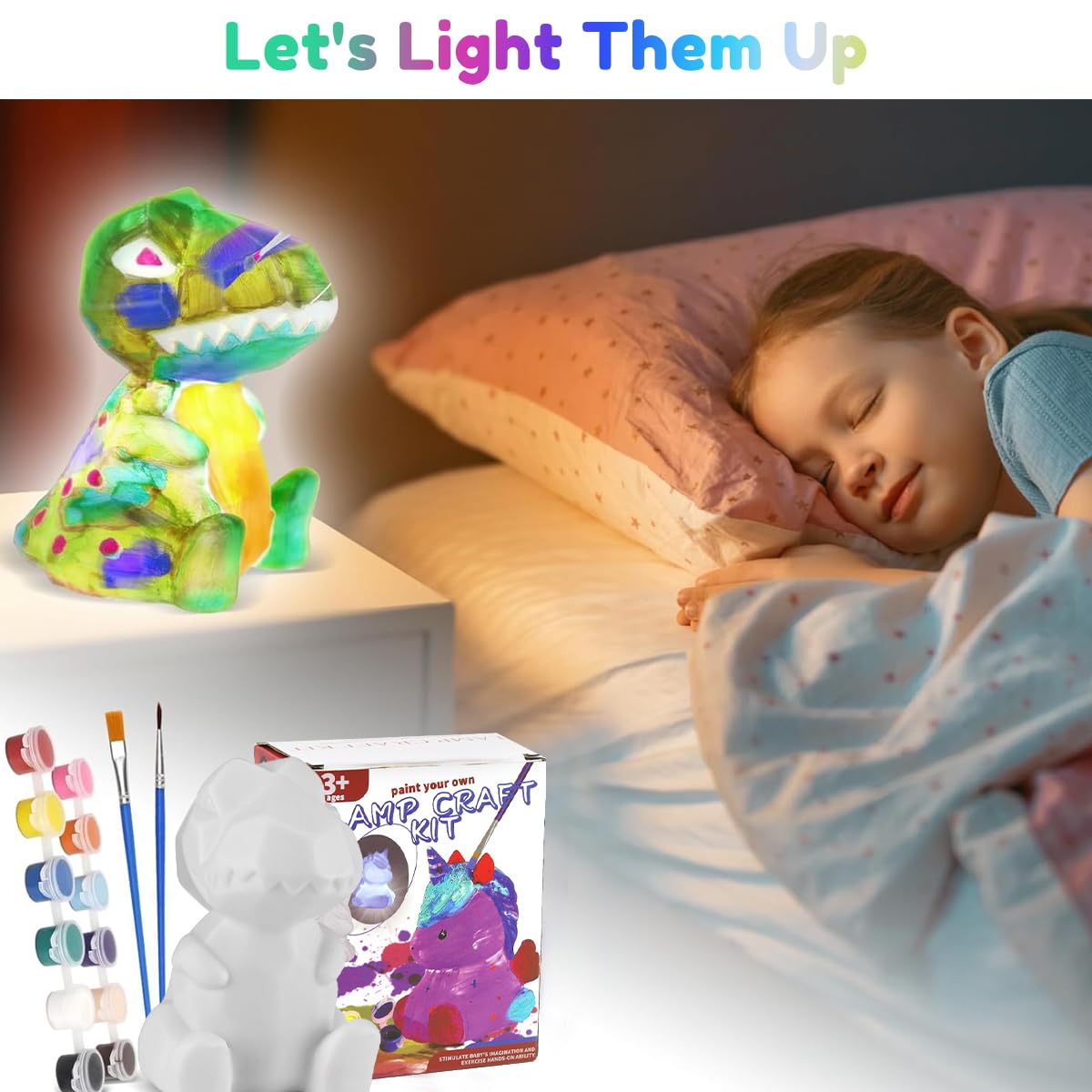 PATPAT DIY Paint Your Own Dinosaur Lamp with 12 Color Paints for Kids & Teens | 4.3in Glow-in-the-Dark Craft Kit
