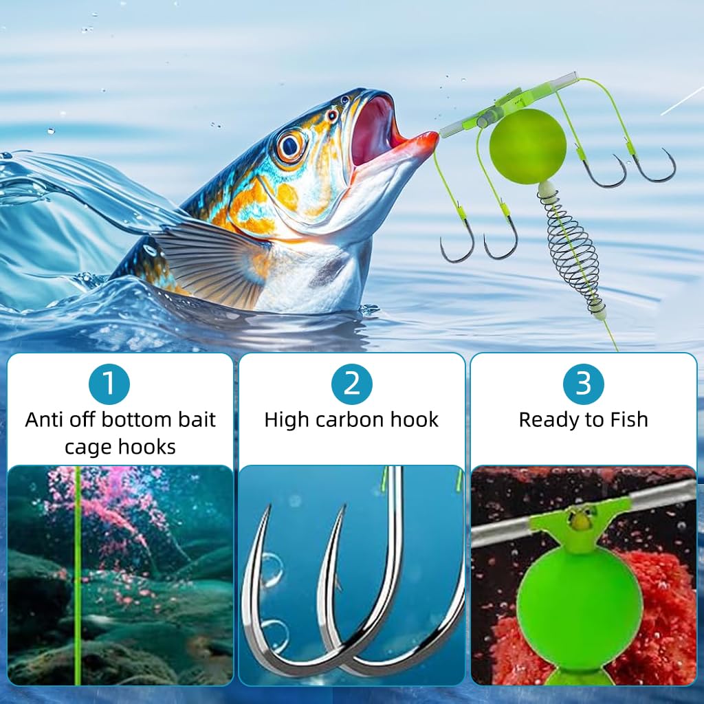 Proberos Fishing Hook Bait Rig with 4 Carbon Steel Hooks and Self Hooking Feeder System | Floating Cage Design for Lake and River Use