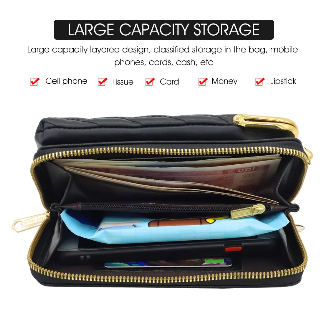 PALAY Mobile Sling Bag for Women with 7.08 in Height & 2 Pouches | PU Leather Black Crossbody