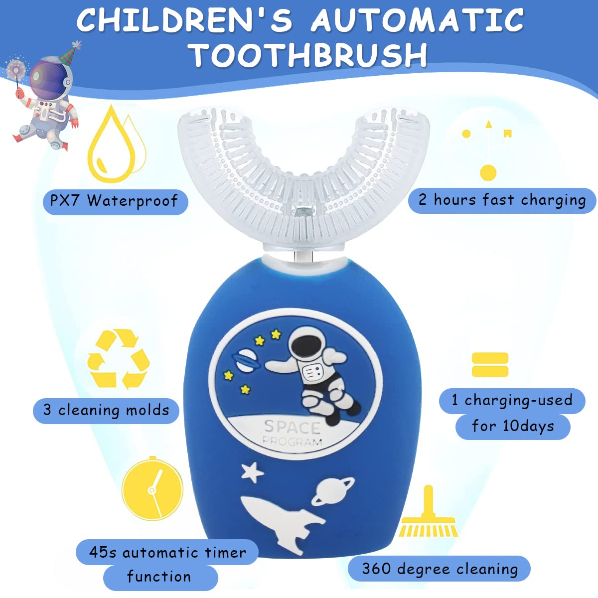 HANNEA Ultrasonic U Shape Electric Toothbrush for Kids featuring 8000–30000 vpm Vibration and Food‑Grade Silicone Brush | USB Rechargeable Waterproof Design