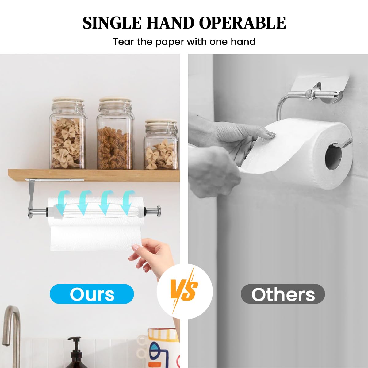 HASTHIP Paper Roll Holder for Kitchen and Bathroom with 11.8 in Bar featuring Self Adhesive Stainless Steel Design | Horizontal or Vertical Mount