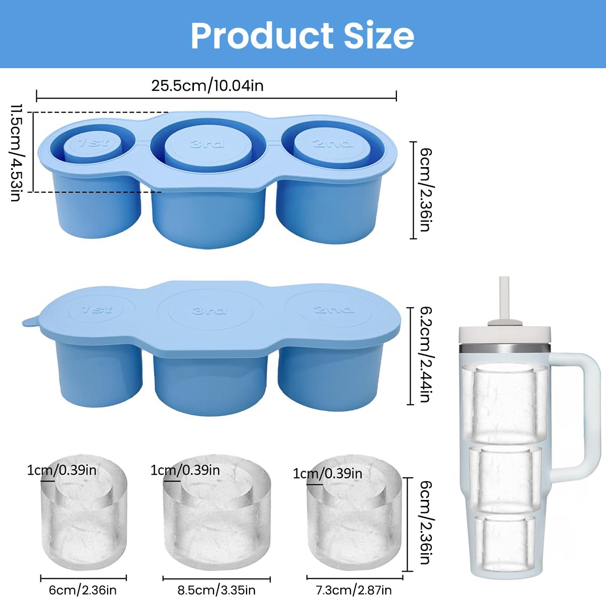 Supvox Silicone Ice Mold for Stanley Tumblers with Hollow Cylinder Design and Lid 3 PCS