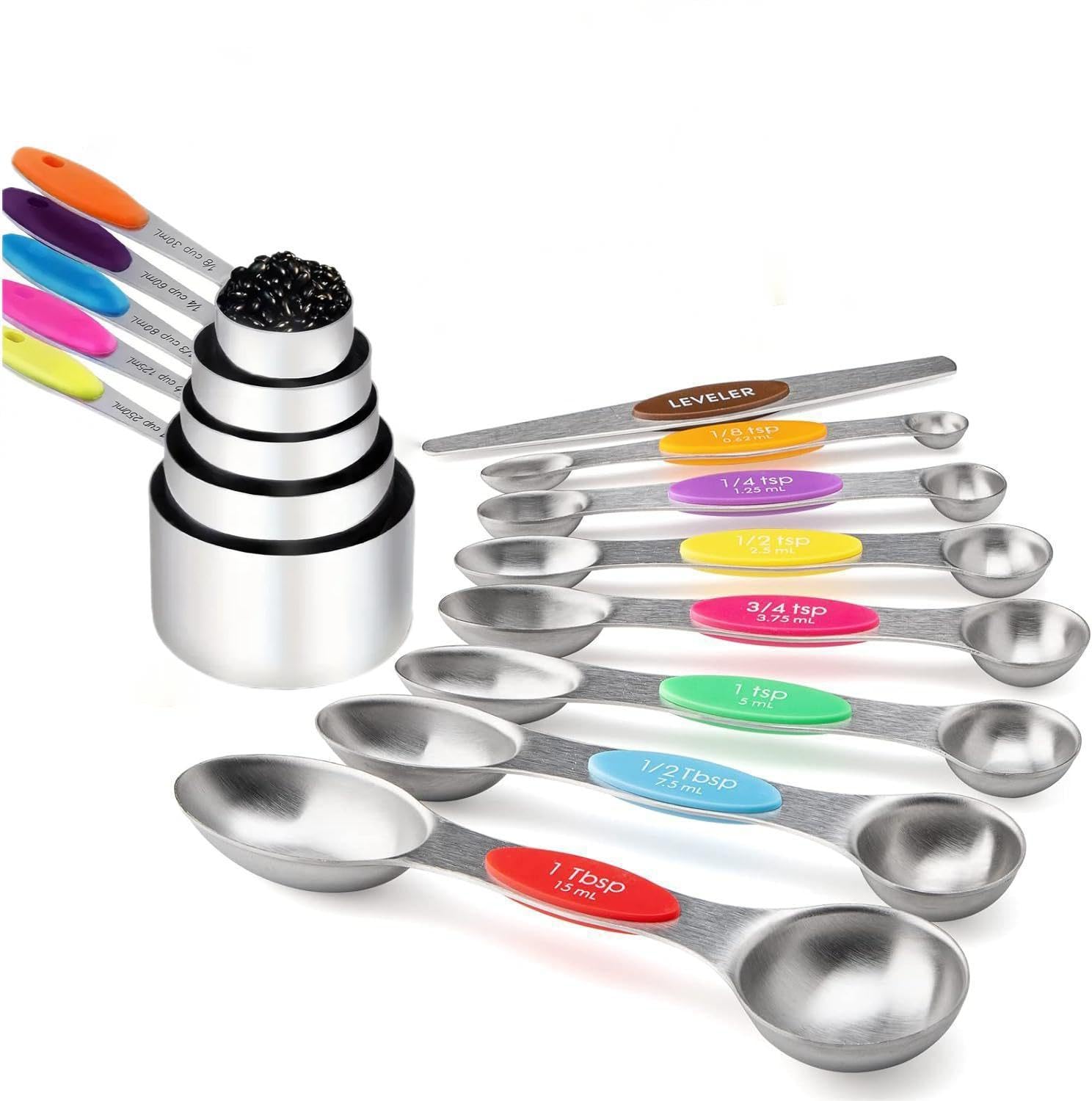 HASTHIP® Measuring Cups and Spoons Set-Heavy Duty 304 Stainless Steel Measuring Cups and Spoons, Double Measurement Markings Set of 13 with Leveler