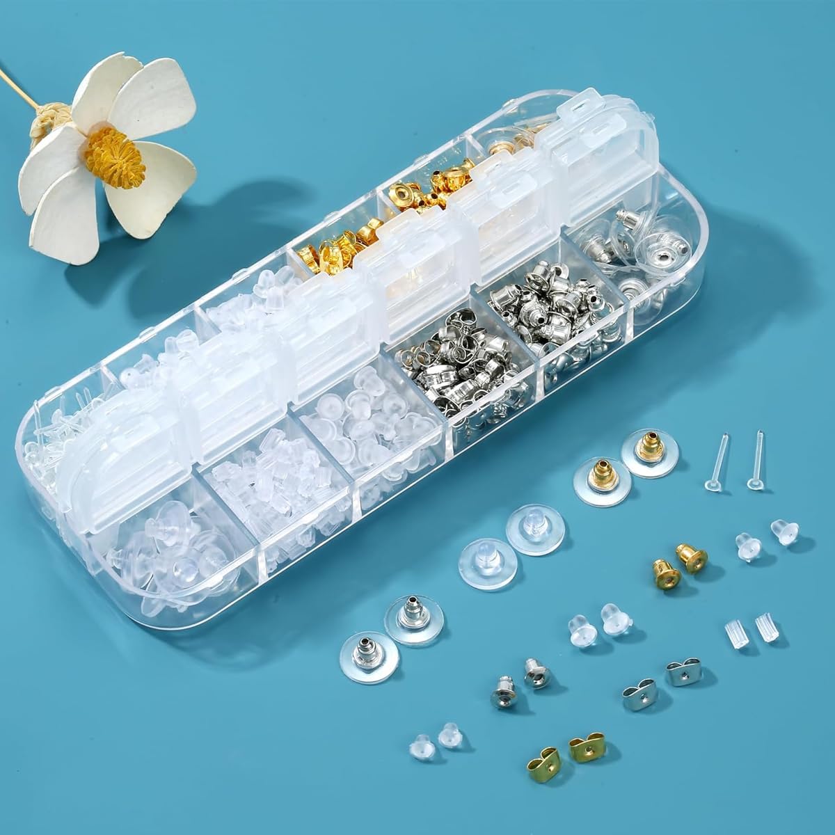 MAYCREATE Earrings Back Stopper for Studs with 600 pcs 12 Styles Silicone Backs | with Storage Box