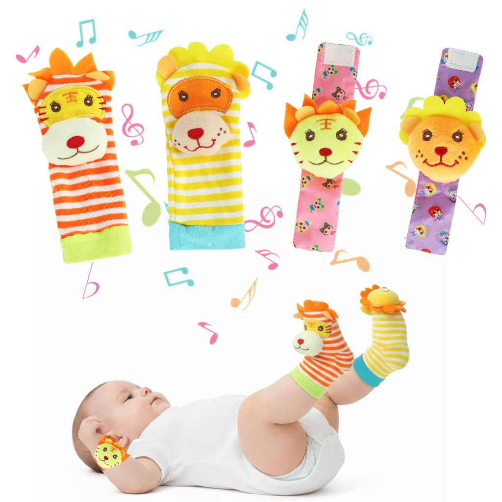 SNOWIE SOFT Baby Rattle Socks and Wristband Set with Plush Cartoon Toys for Sensory Play