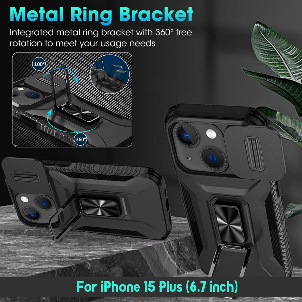 ZORBES Case for iPhone 15 Plus 6.7 inch with Kickstand and Slide Lens Cover | Shockproof Silicone Edge Protection