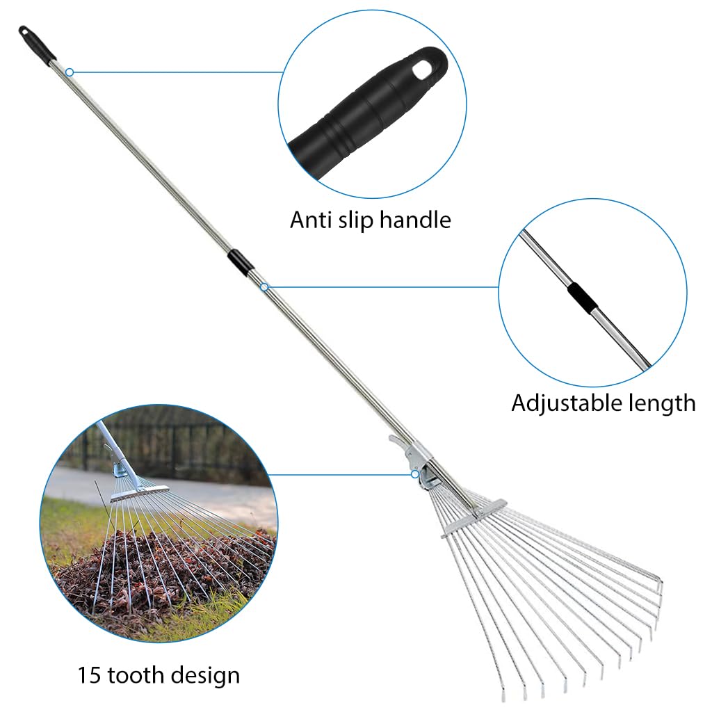 HASTHIP® Retractable Garden Leaf Rake - Foldable Gardening Rake for Leaves - Garden Metal Thatch Rake - Heavy Duty Rakes for Lawns with Expandable Head 20-65CM - Grass Rake for Lawn, Yard, Beds